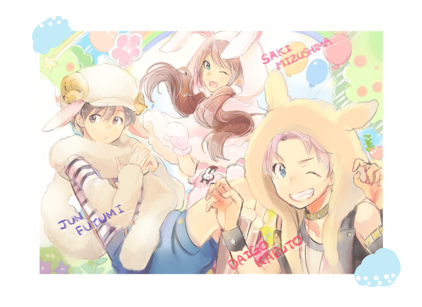 3boys, ;), ;d, animal_hood, black_hair, blue_eyes, brown_hair, bunny_hood