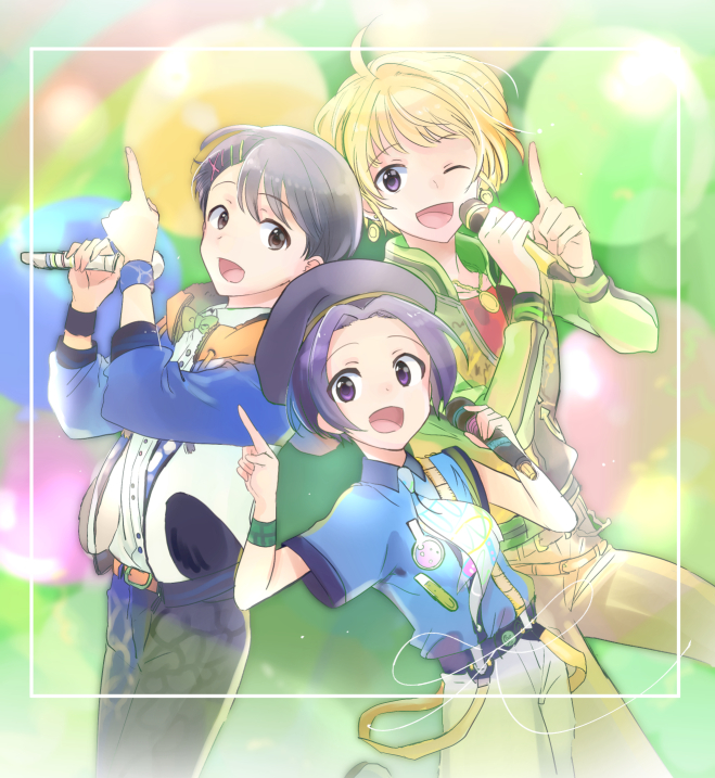 3boys, :d, ;d, alternate_costume, beret, black_hair, blonde_hair, bow