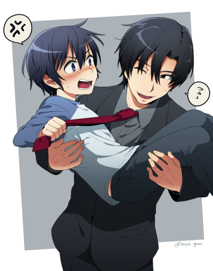 2boys, ;d, age_difference, anger_vein, blue_background, blue_eyes, blush, boku_dake_ga_inai_machi