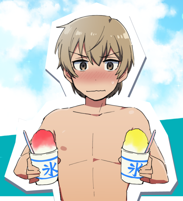 1boy, areolae, blush, boku_dake_ga_inai_machi, brown_eyes, brown_hair, day, holding