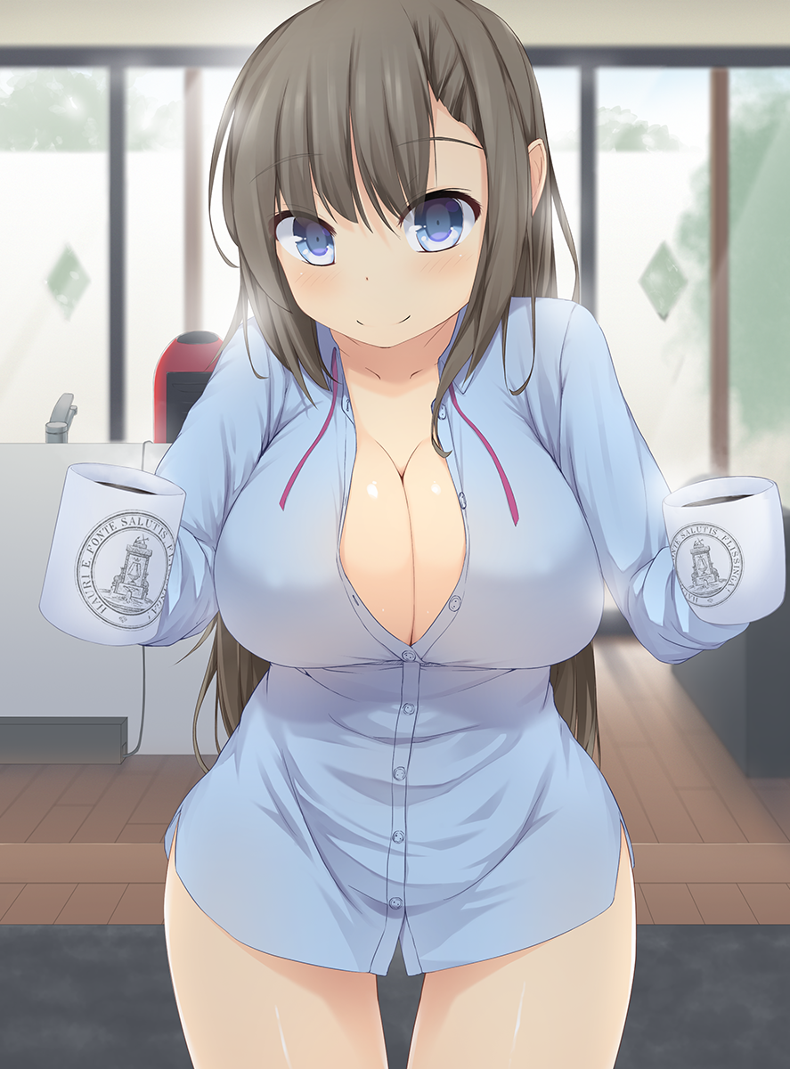 1girl, asymmetrical_bangs, bangs, blue_shirt, blurry, blush, breasts, brown_hair
