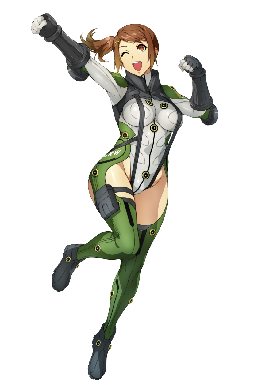 1girl, arms_up, bodysuit, brown_eyes, brown_hair, clenched_hands, full_body, gloves
