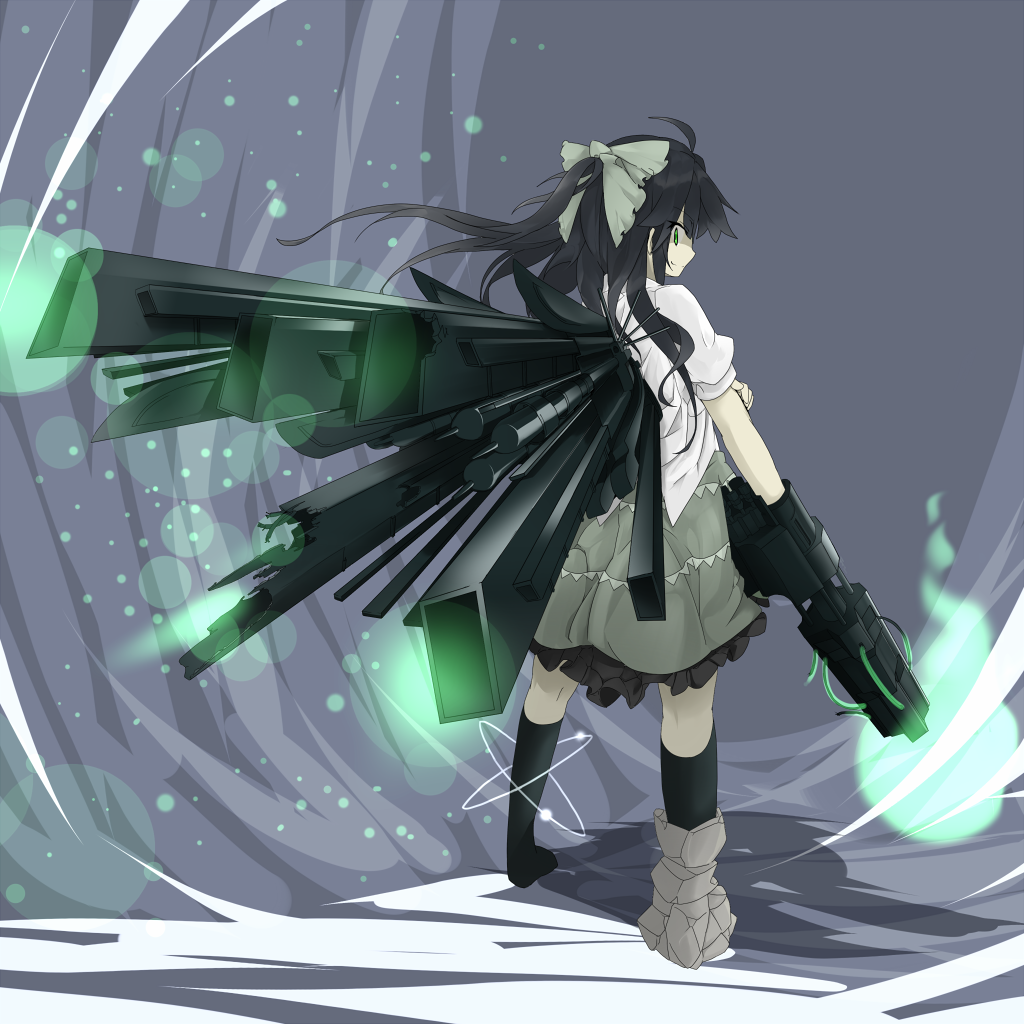1girl, ahoge, alternate_wings, arm_cannon, black_hair, black_legwear, black_wings, blouse
