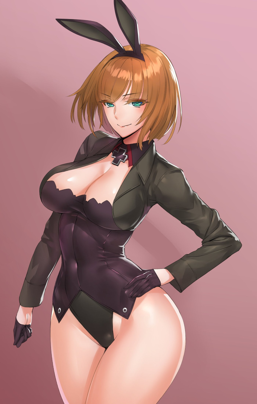 1girl, :>, animal_ears, bangs, black_gloves, breasts, brown_background, brown_hair