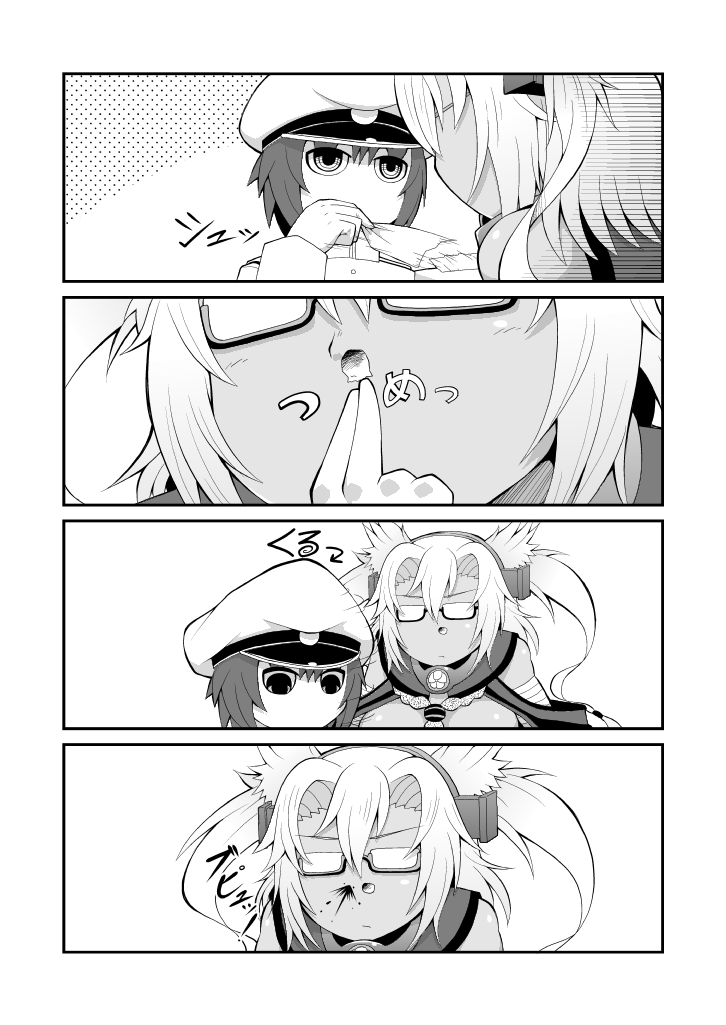 1boy, 1girl, blood, comic, glasses, kantai_collection, little_boy_admiral_(kantai_collection), monochrome, musashi_(kantai_collection), nosebleed, po_ro_ro_ka, pointy_hair, tissue
