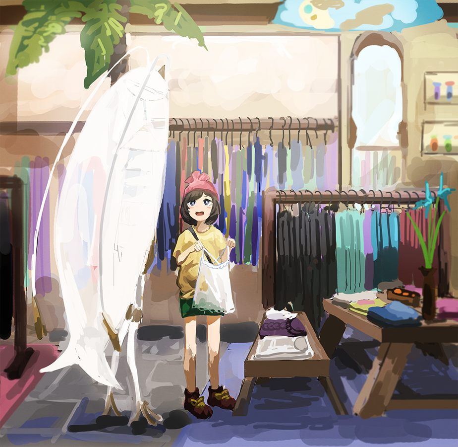 1girl, antennae, black_hair, blush, clothes, clothes_hanger, clothes_rack, female_protagonist_(pokemon_sm)