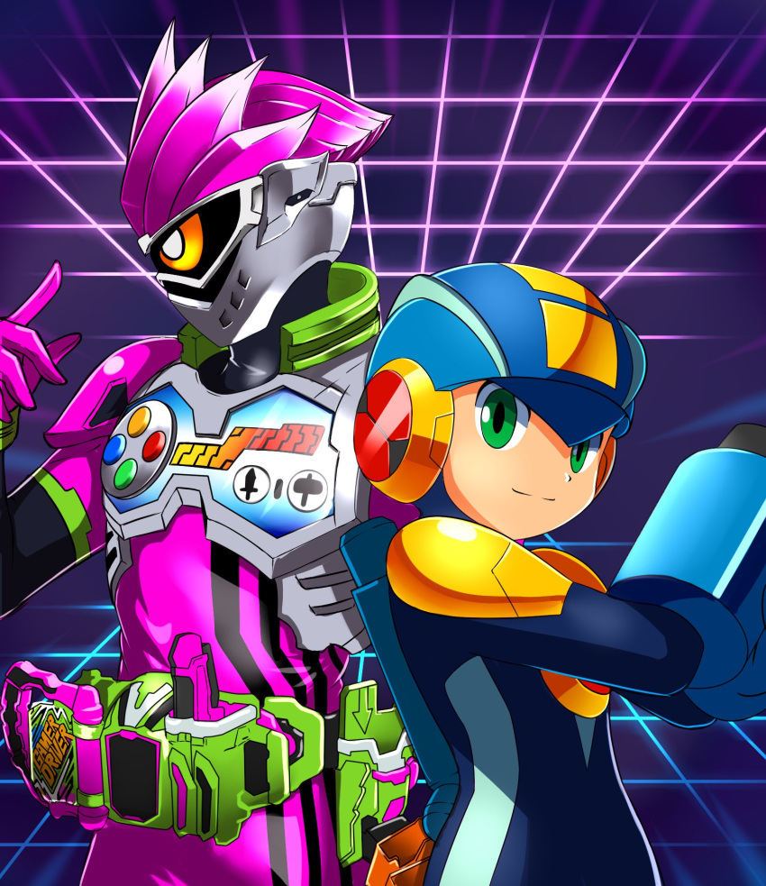 2boys, action_gamer_level_2, arm_cannon, arm_up, armor, breastplate, cowboy_shot, gashacon_breaker, green_eyes, helmet, highres, kamen_rider, kamen_rider_ex-aid, kamen_rider_ex-aid_(series), looking_at_viewer, male, male_focus, mighty_action_x_level_2, multiple_boys, pauldrons, rockman, rockman_exe, rockman_exe_(character), shoulder_pads, smile, sugaaru, trait_connection, weapon