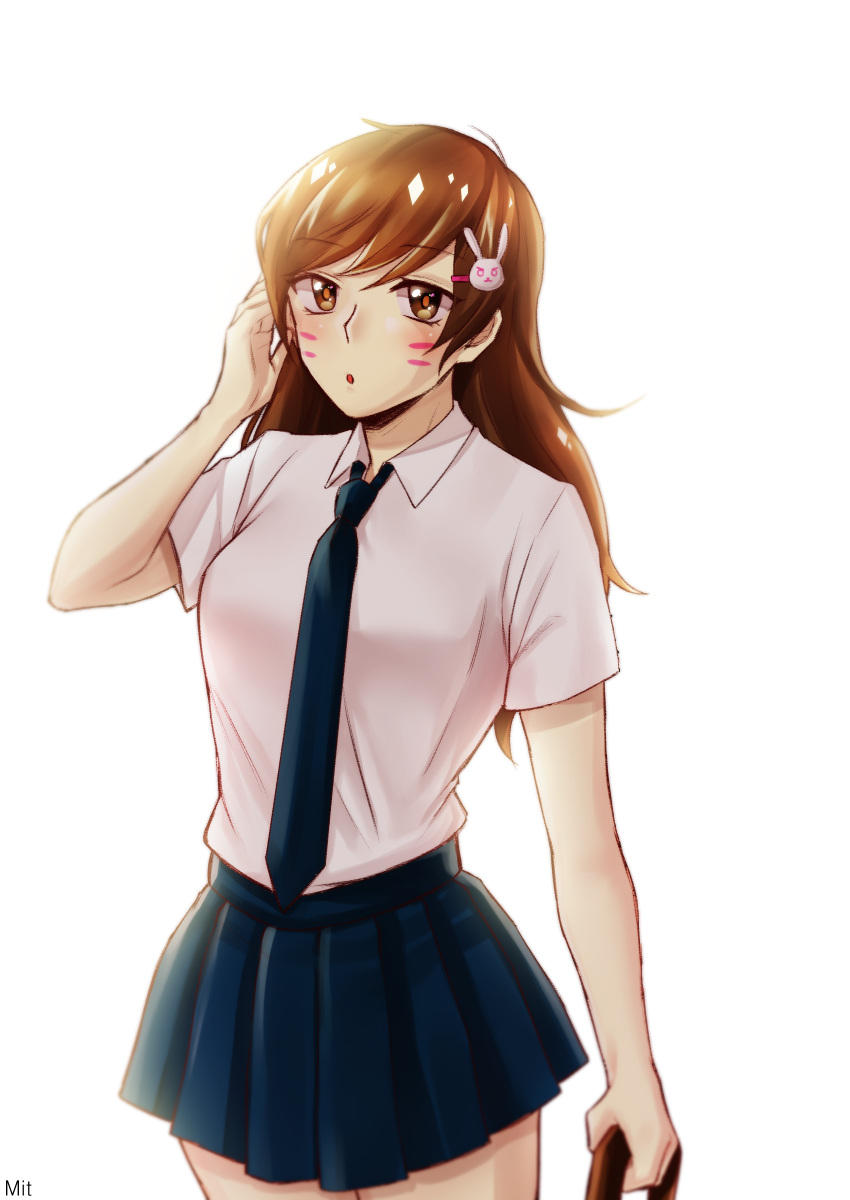 1girl, :o, absurdres, alternate_costume, arm_at_side, artist_name, bag, bangs, blue_necktie, brown_eyes, brown_hair, bunny_hair_ornament, carrying, collared_shirt, cowboy_shot, d.va_(overwatch), dress_shirt, eyebrows_visible_through_hair, facepaint, facial_mark, hair_ornament, hairpin, hand_bag, hand_to_head, hand_up, highres, long_hair, looking_at_viewer, mit, mitt, necktie, open_mouth, overwatch, pleated_skirt, school_uniform, shirt, short_sleeves, simple_background, skirt, solo, swept_bangs, whisker_markings, white_background, white_shirt, wing_collar