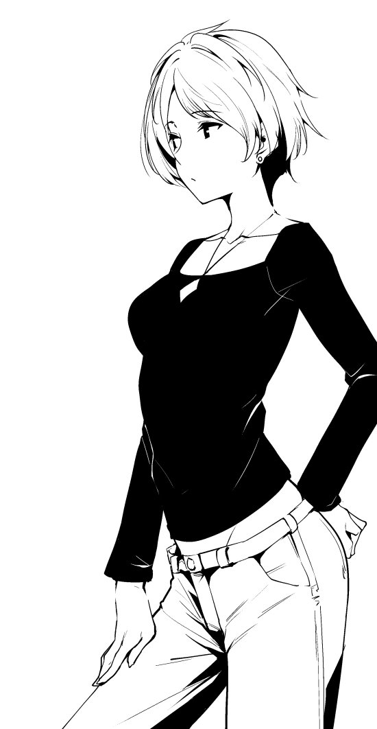 1girl, denim, ear_piercing, earrings, jeans, jewelry, long_sleeves, monochrome