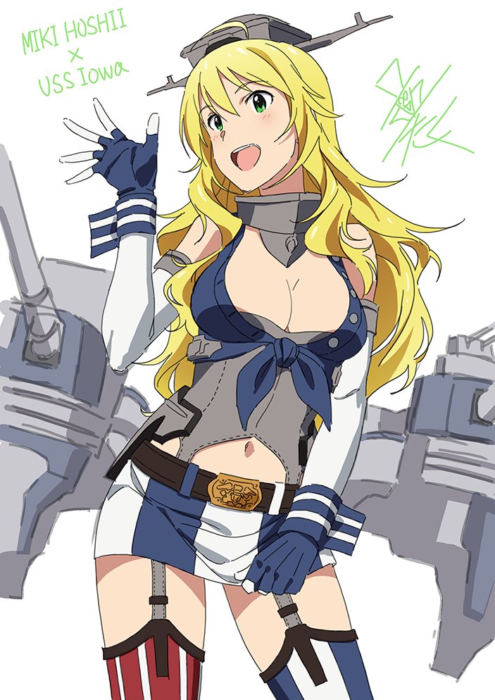 1girl, ahoge, american_flag_legwear, belt, belt_buckle, blonde_hair, blush, breasts