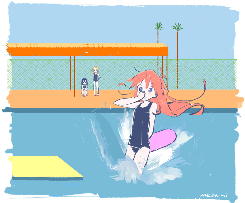 3girls, ahoge, antenna_hair, arm_behind_back, artist_name, barefoot, blonde_hair, blue_eyes