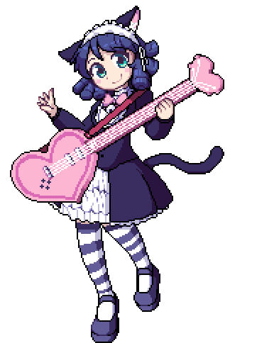 1girl, animal_ears, animated, animated_gif, bell, blue_hair, blush, bow, cat_ears, cat_tail, curly_hair, cyan_(show_by_rock!!), green_eyes, guitar, hairband, instrument, lolita_fashion, lolita_hairband, looking_at_viewer, lowres, maid, open_mouth, pixel_art, show_by_rock!!, smile, solo, strawberry_heart, striped, striped_legwear, tail, thigh-highs, white_background