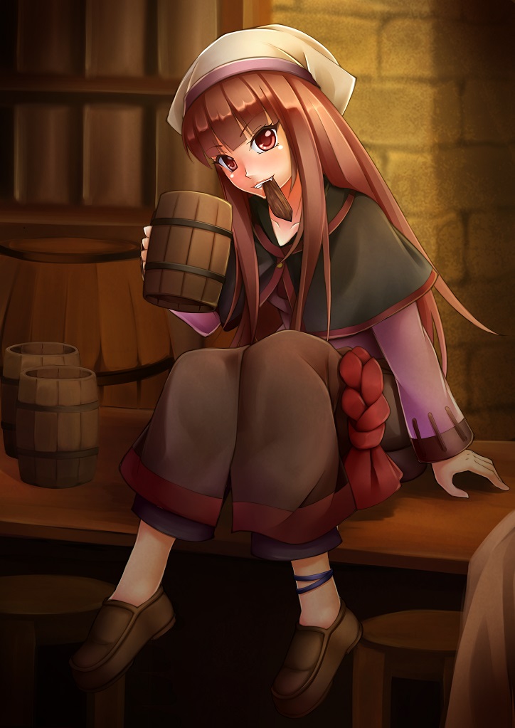 1girl, ankle_ribbon, bar, bar_stool, barrel, brick_wall, capelet, countertop