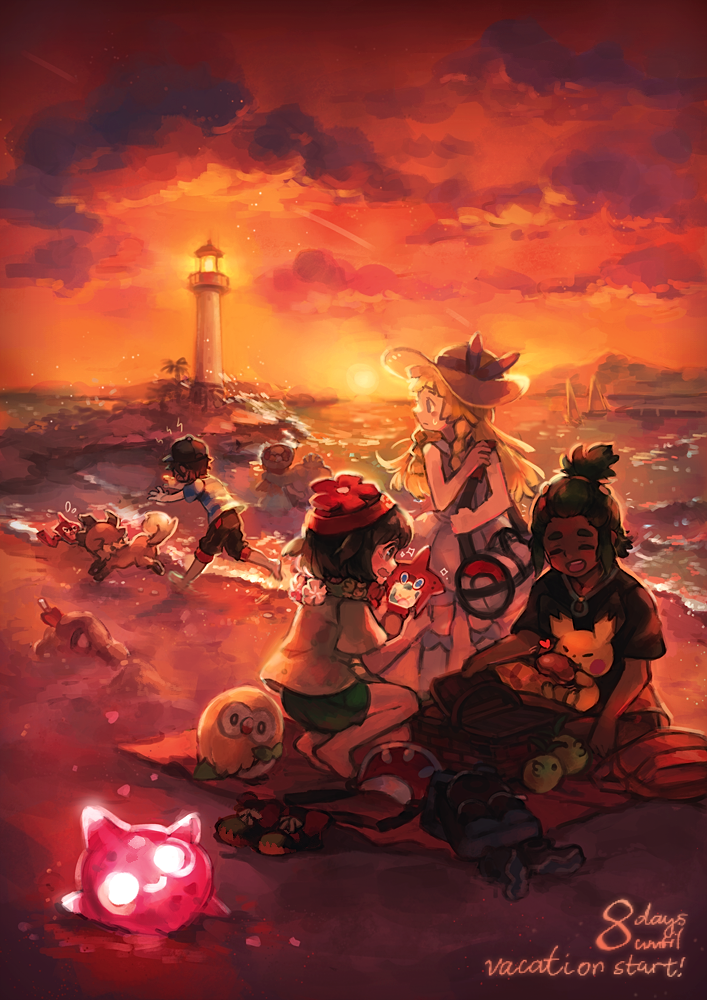 2boys, 2girls, backpack, bag, bangs, bangs_pinned_back, baseball_cap, beach, beanie, bird, black_hair, black_hat, black_shirt, blonde_hair, boat, braid, capri_pants, clouds, comfey, countdown, dark_skin, dark_skinned_male, dress, duffel_bag, eating, ezroseven, female_protagonist_(pokemon_sm), floral_print, flying_sweatdrops, food, fruit, hat, hau_(pokemon), lighthouse, lillie_(pokemon), long_hair, machoke, malasada, male_protagonist_(pokemon_sm), minior, minior_(shields_down), multiple_boys, multiple_girls, ocean, pants, pichu, pokedex, pokemon, pokemon_(creature), pokemon_(game), pokemon_sm, red_hat, rockruff, rotom, rowlet, running, sailboat, shirt, shoes, short_hair, short_shorts, shorts, sitting, sleeveless, sleeveless_dress, smile, sneakers, sparkle, striped, striped_shirt, sun_hat, sunset, sweatdrop, swept_bangs, t-shirt, tied_shirt, topknot, twin_braids, watercraft, white_dress, white_hat, wide_sleeves