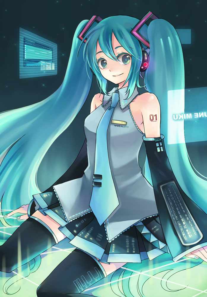 aqua_hair, bad_id, detached_sleeves, hatsune_miku, long_hair, manami_(artist), necktie, sitting