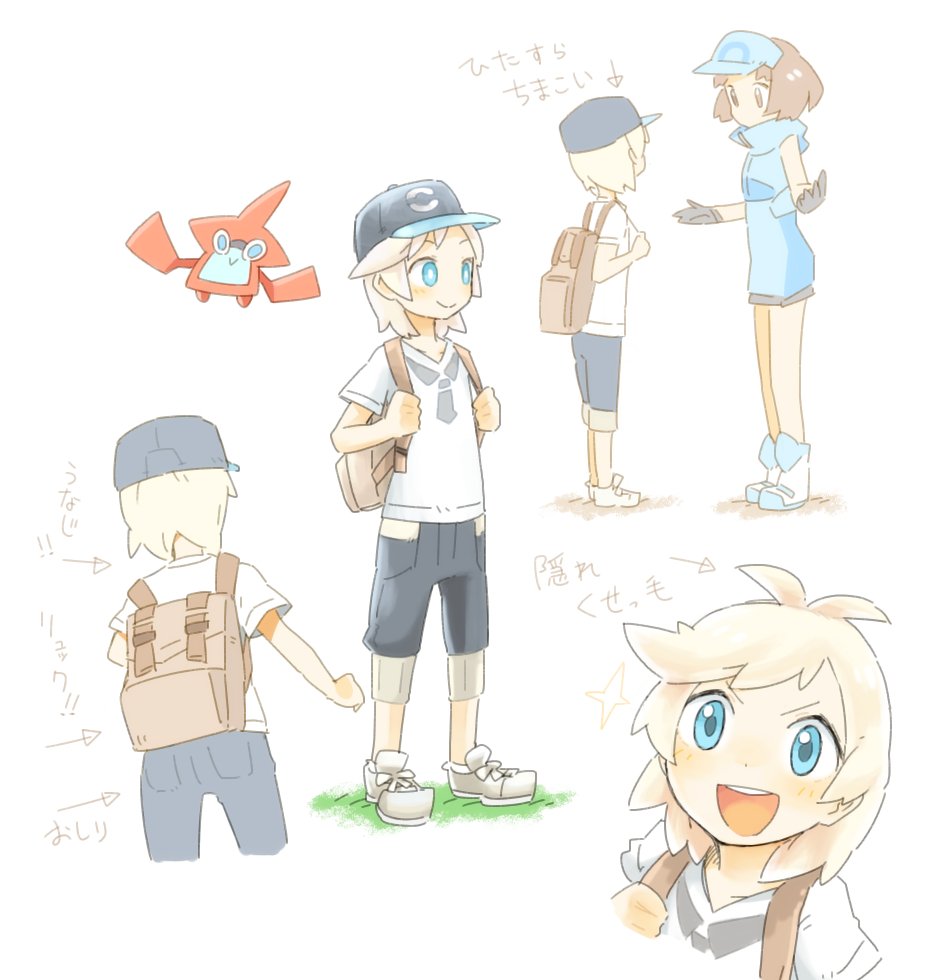 1boy, 1girl, ace_trainer_(pokemon), backpack, bag, baseball_cap, black_gloves, black_hat
