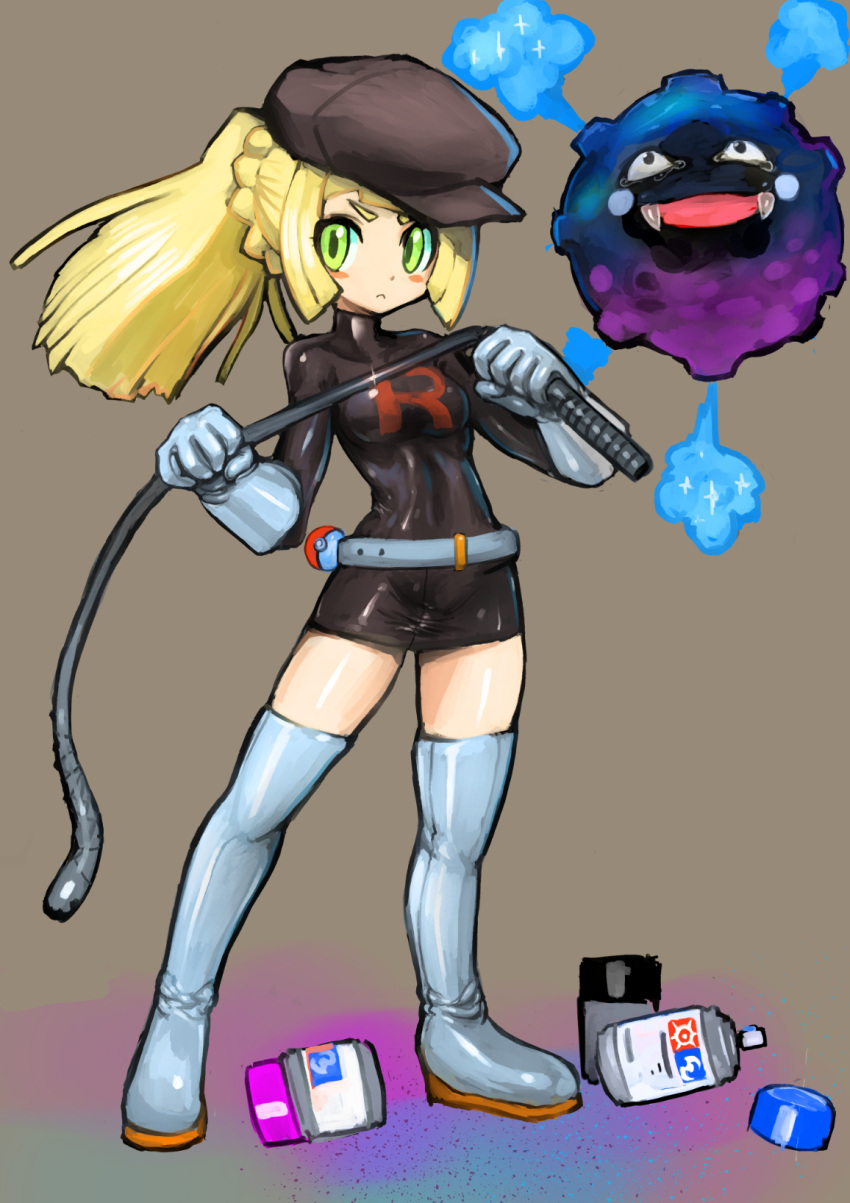 1girl, bangs, blonde_hair, blunt_bangs, blush, braid, clothes_writing, cosmog, cosmog_(cosplay), cosplay, dakusuta, french_braid, gloves, green_eyes, hat, highres, koffing, lillie_(pokemon), long_hair, looking_at_viewer, npc, pokemon, pokemon_(creature), pokemon_(game), pokemon_sm, ponytail, shiny, shiny_clothes, skirt, smile, solo, team_rocket, team_rocket_grunt, thigh-highs, whip