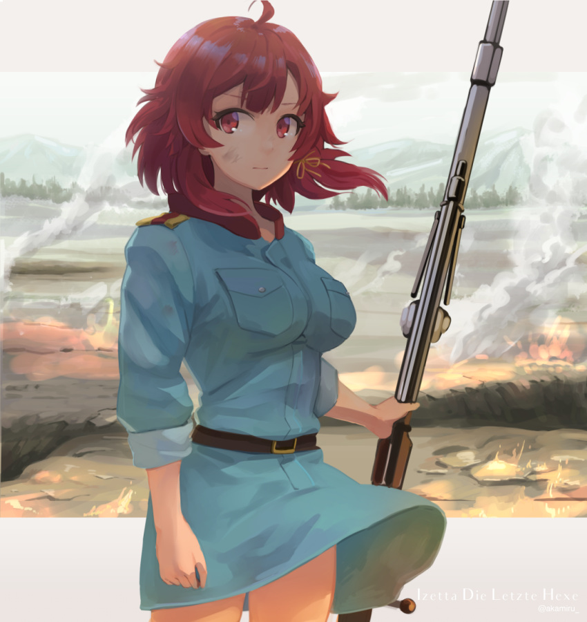 1girl, ahoge, akame_(akamiru), anti-materiel_rifle, artist_name, battlefield, belt, blue_uniform