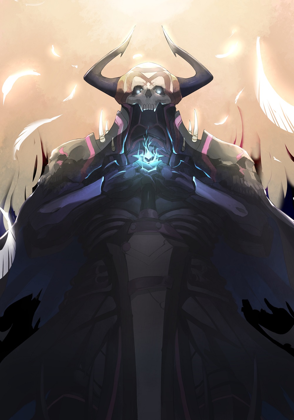 blue_fire, fate/grand_order, fate_(series), feathers, fire, glowing, glowing_eyes, highres