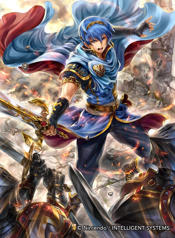 1boy, armor, blue_eyes, blue_hair, boots, cape, company_connection, copyright_name, fighting, fingerless_gloves, fire_emblem, fire_emblem:_mystery_of_the_emblem, fire_emblem_cipher, gauntlets, gloves, helmet, holding, holding_weapon, jewelry, knee_boots, male_focus, marth, open_mouth, pants, shield, short_hair, short_sleeves, solo_focus, sword, taneda_kazuhiro, tiara, weapon