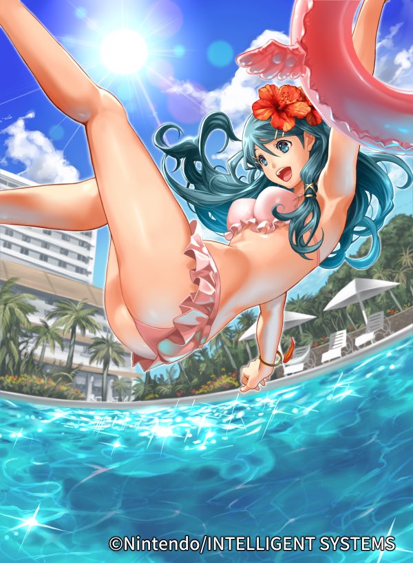 1girl, ass, beach_chair, beach_umbrella, bikini, blue_eyes, bracelet, clouds