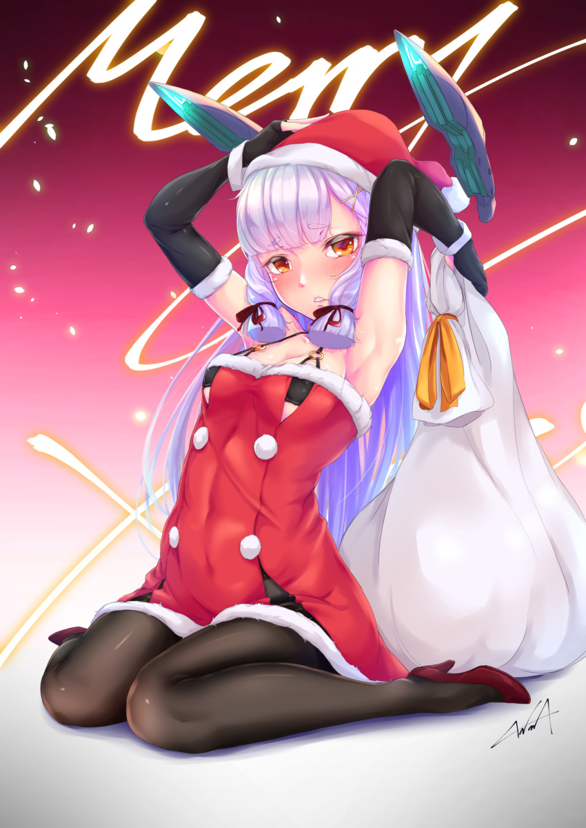 1girl, armpits, arms_up, bangs, bare_shoulders, black_bra, black_gloves, black_legwear