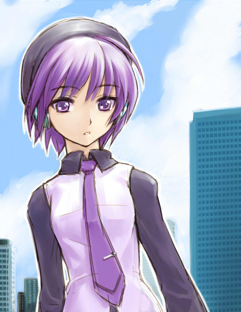 1girl, beret, defoko, eyebrows_visible_through_hair, hat, headphones, metabo_(hata_kichi), necktie