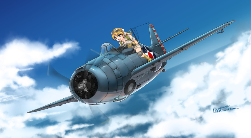 1girl, above_clouds, aircraft, airplane, artist_name, blonde_hair, blue_eyes, blue_sky
