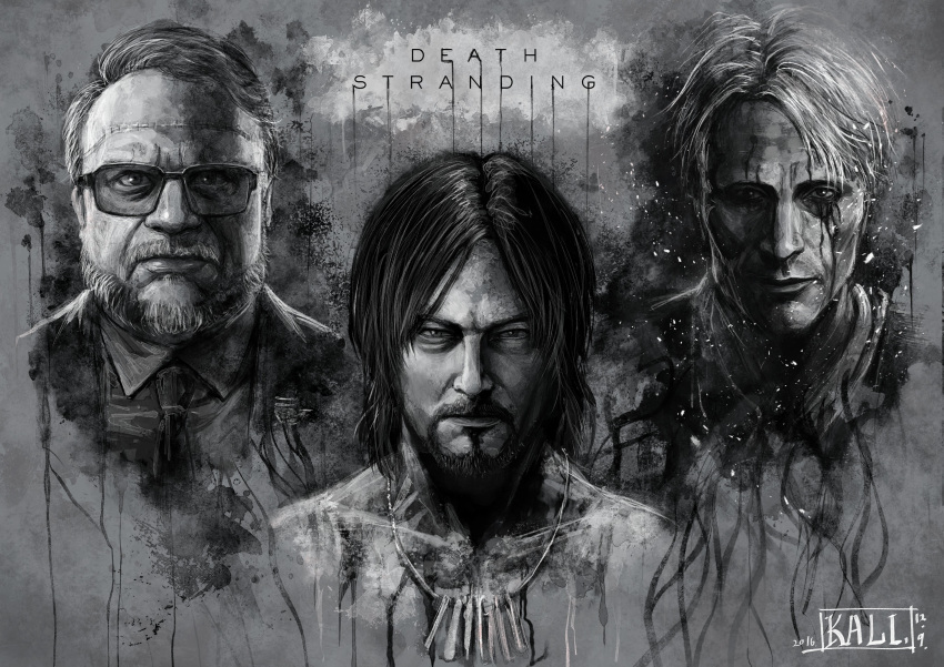 3boys, absurdres, beard, death_stranding, facial_hair, glasses, guillermo_del_toro, highres