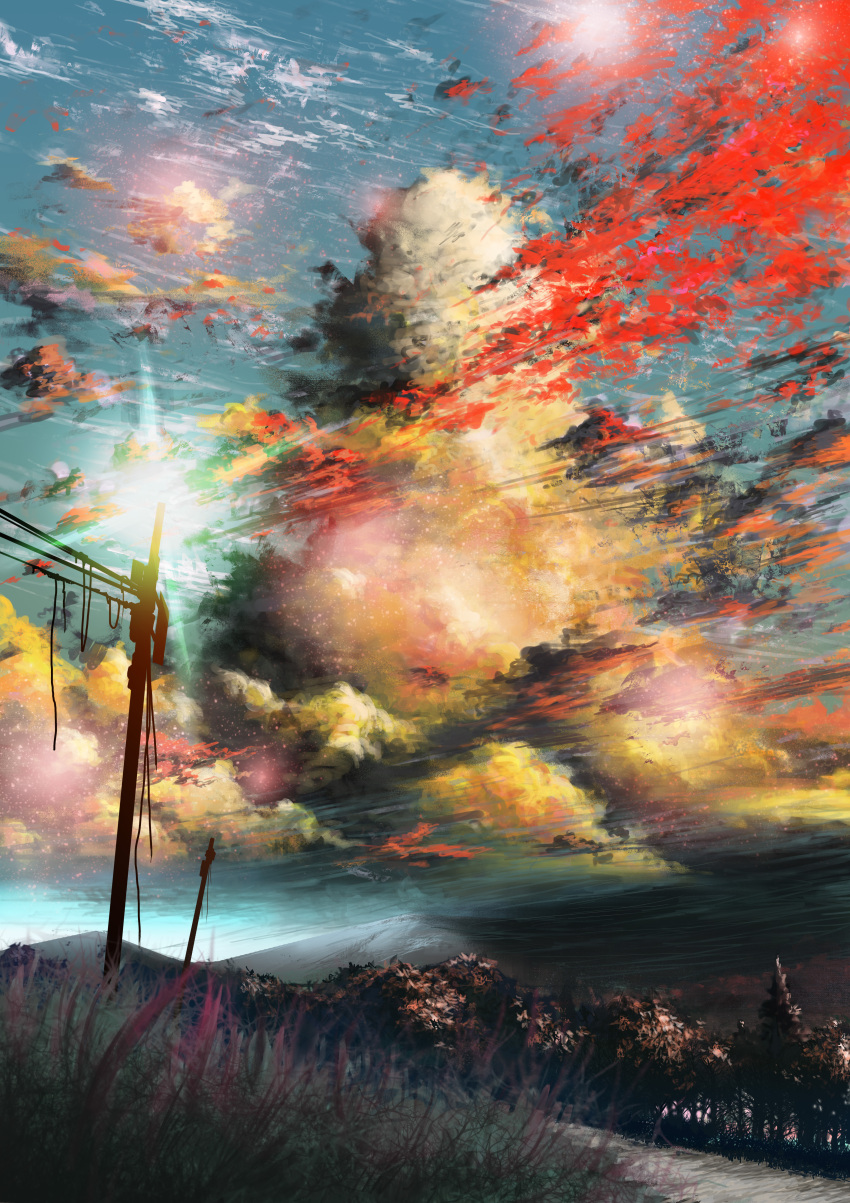 absurdres, cable, clouds, cloudy_sky, day, fantasy, grass, highres