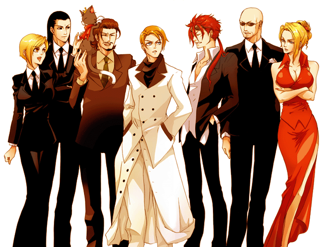 bald, black_hair, blonde_hair, cait_sith, dress, elena_(ff7), final_fantasy, final_fantasy_vii
