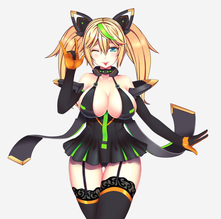 1girl, :p, absurdres, aqua_eyes, bare_shoulders, black_gloves, black_legwear, blonde_hair, blue_eyes, breasts, elbow_gloves, garter_straps, gene_(pso2), gloves, green_hair, grey_background, hair_between_eyes, highres, ichiki_(seedsam), large_breasts, long_hair, looking_at_viewer, multicolored_hair, phantasy_star, phantasy_star_online_2, simple_background, thigh-highs, thigh_gap, tongue, tongue_out, twintails