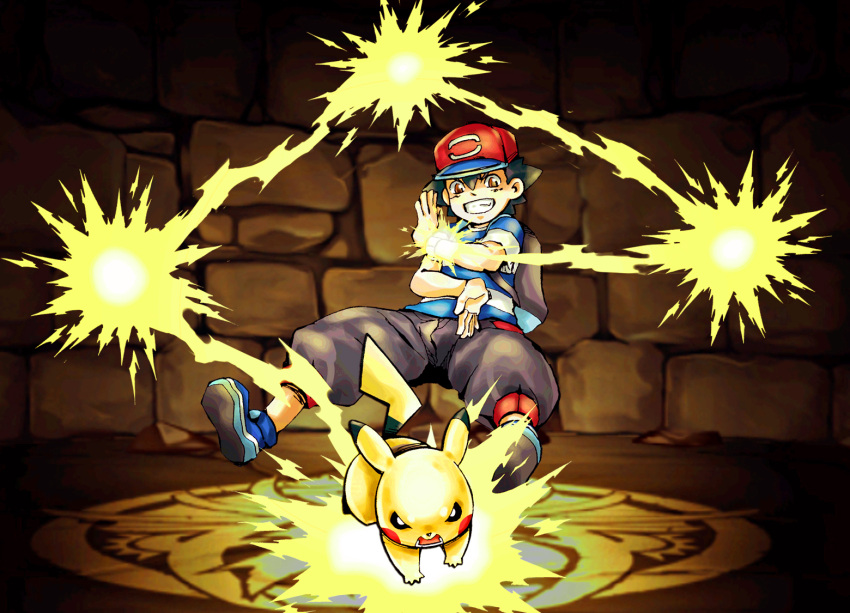 1boy, backpack, bag, baseball_cap, black_hair, brown_eyes, capri_pants, grin, hat, khunpol, lightning, male_focus, pants, parody, pikachu, pokemon, pokemon_(anime), pokemon_(creature), pokemon_(game), pokemon_sm, pokemon_sm_(anime), puzzle_&amp;_dragons, satoshi_(pokemon), shirt, shoes, smile, sneakers, striped, striped_shirt, t-shirt, z-move, z-ring