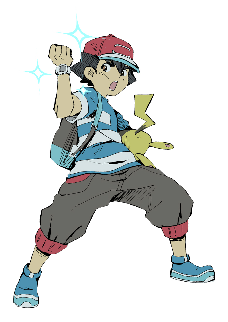 1boy, backpack, bag, baseball_cap, black_hair, brown_eyes, capri_pants, carrying_under_arm, hat, khunpol, male_focus, pants, pikachu, pokemon, pokemon_(anime), pokemon_(creature), pokemon_(game), pokemon_sm, pokemon_sm_(anime), satoshi_(pokemon), shirt, shoes, simple_background, sneakers, sparkle, striped, striped_shirt, t-shirt, white_background, wide_stance, z-ring
