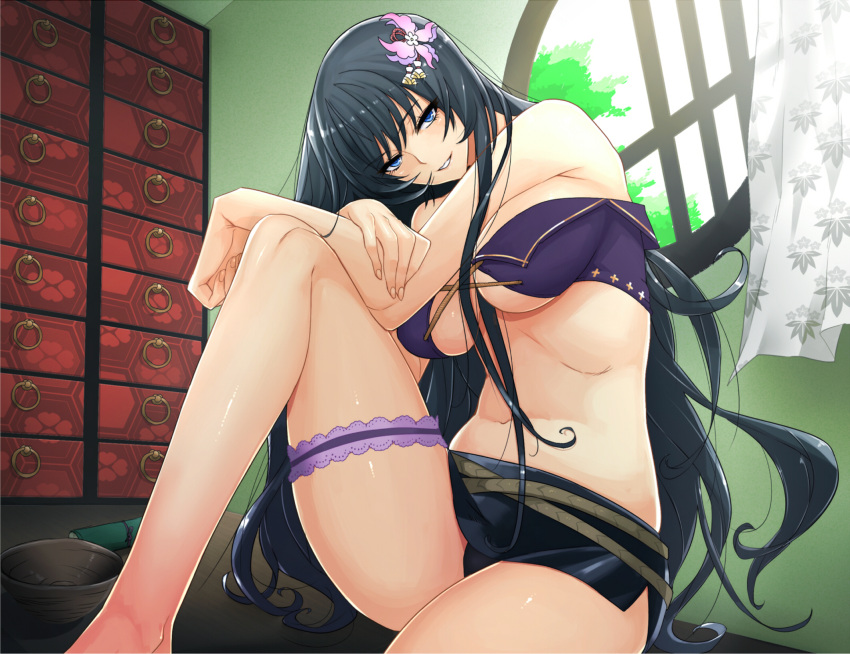 1girl, angelo_(gomahangetsu), bare_shoulders, black_hair, blue_eyes, blush, breasts, drawer