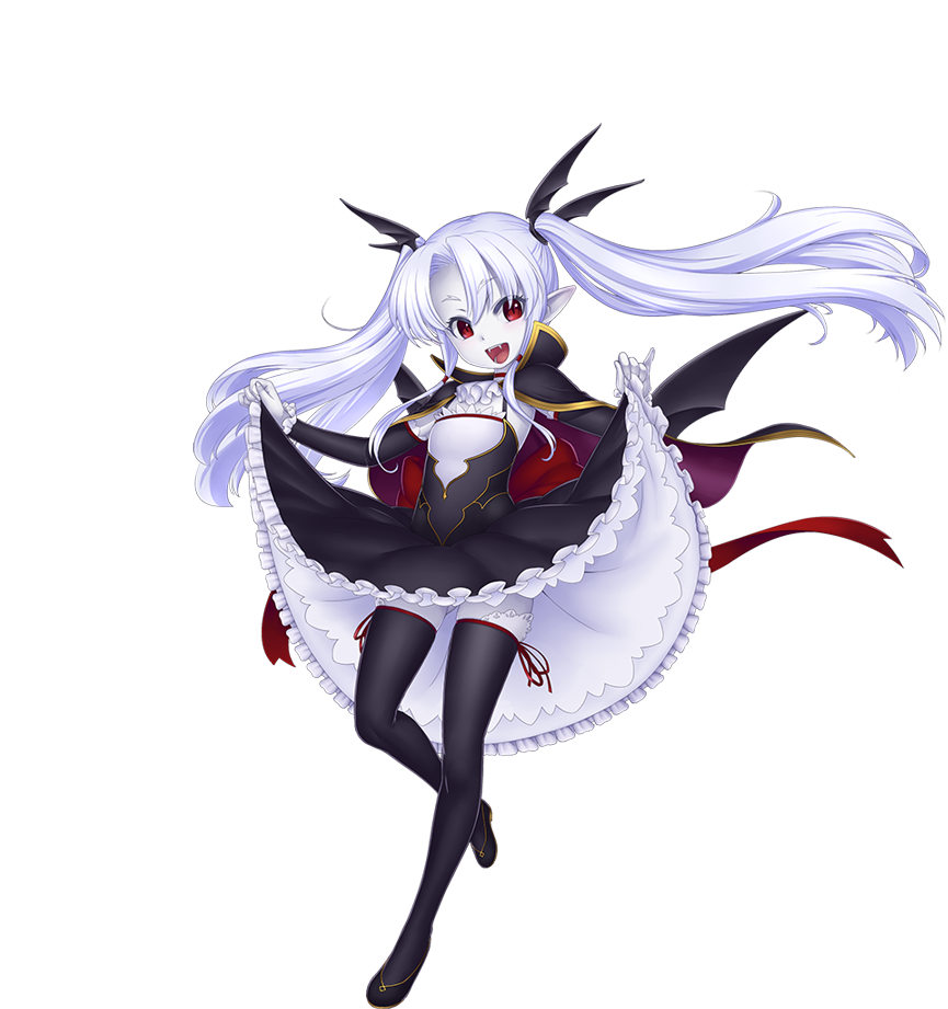 1girl, bat_wings, black_legwear, cape, detached_sleeves, dress, eden_(sennen_sensou_aigis), fangs