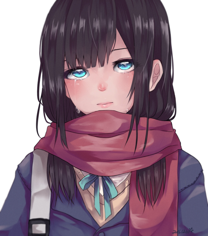1girl, beige_sweater, black_hair, blue_eyes, blue_ribbon, coat, crying, crying_with_eyes_open