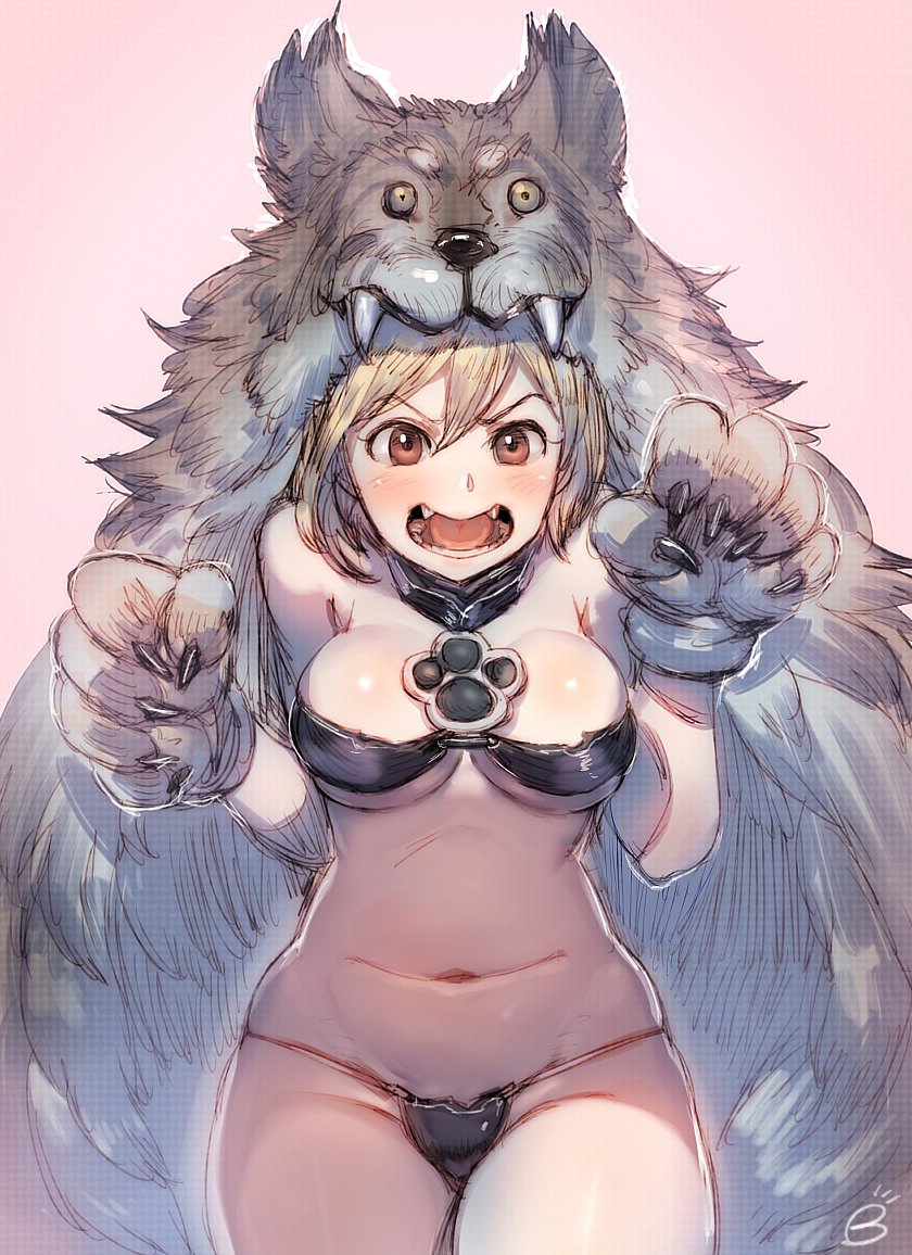 1girl, bare_shoulders, berserker_(granblue_fantasy), bikini, blonde_hair, bow_(bhp), breasts, brown_eyes, djeeta_(granblue_fantasy), fangs, gauntlets, gloves, granblue_fantasy, growling, medium_breasts, midriff, navel, open_mouth, paw_gloves, short_hair, strapless, swimsuit, wolf_pelt