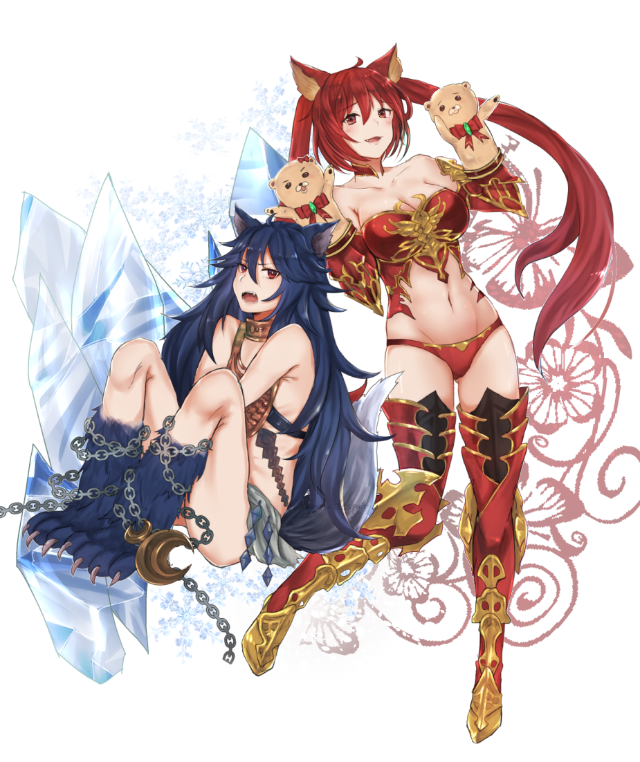 1girl, 2girls, animal_ears, armor, bare_shoulders, blue_hair, bound, cerberus_(shingeki_no_bahamut)