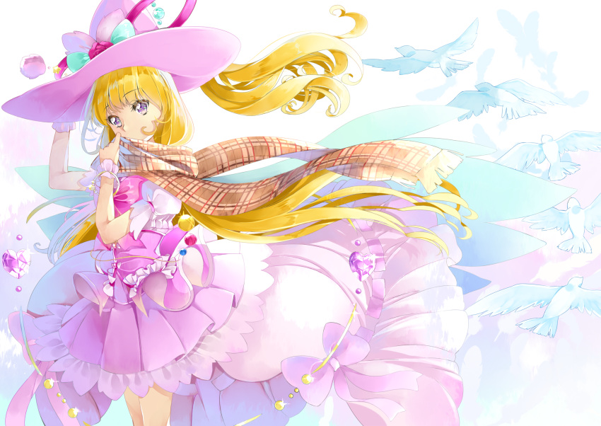1girl, alexandrite_style, asahina_mirai, bird, blonde_hair, bow, bracelet, cape