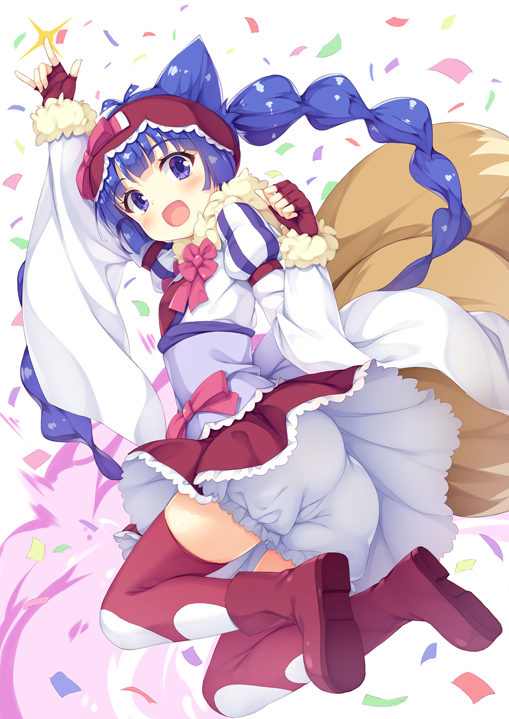 1girl, :d, \m/, arm_up, ass, blue_hair, blush, boots