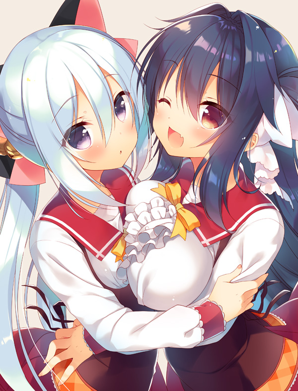 2girls, ;d, akiyume_kukuru, animal_ears, asymmetrical_docking, bell, black_hair, blush, bow, bowtie, breast_press, breasts, brown_eyes, cat_ears, center_frills, chestnut_mouth, commentary, doori_kiss, eyebrows_visible_through_hair, fang, frilled_shirt, frilled_sleeves, frills, hair_between_eyes, hair_flaps, hair_ornament, hand_on_another's_arm, hands_on_hips, hug, jingle_bell, large_breasts, light_brown_background, long_hair, looking_at_viewer, multiple_girls, one_eye_closed, open_mouth, parted_lips, sasaki_saori, sazaki_ichiri, school_uniform, serafuku, shirt, simple_background, small_breasts, smile, twintails, upper_body, violet_eyes, white_hair, yellow_bow, yellow_bowtie