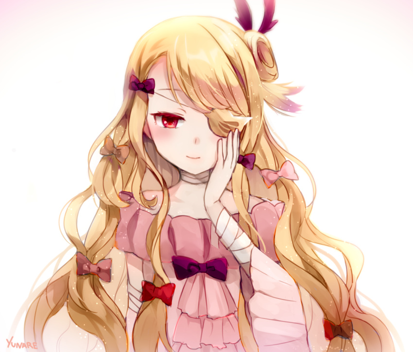 1girl, artist_name, bandage, blonde_hair, bow, eyepatch, hair_bow, long_hair