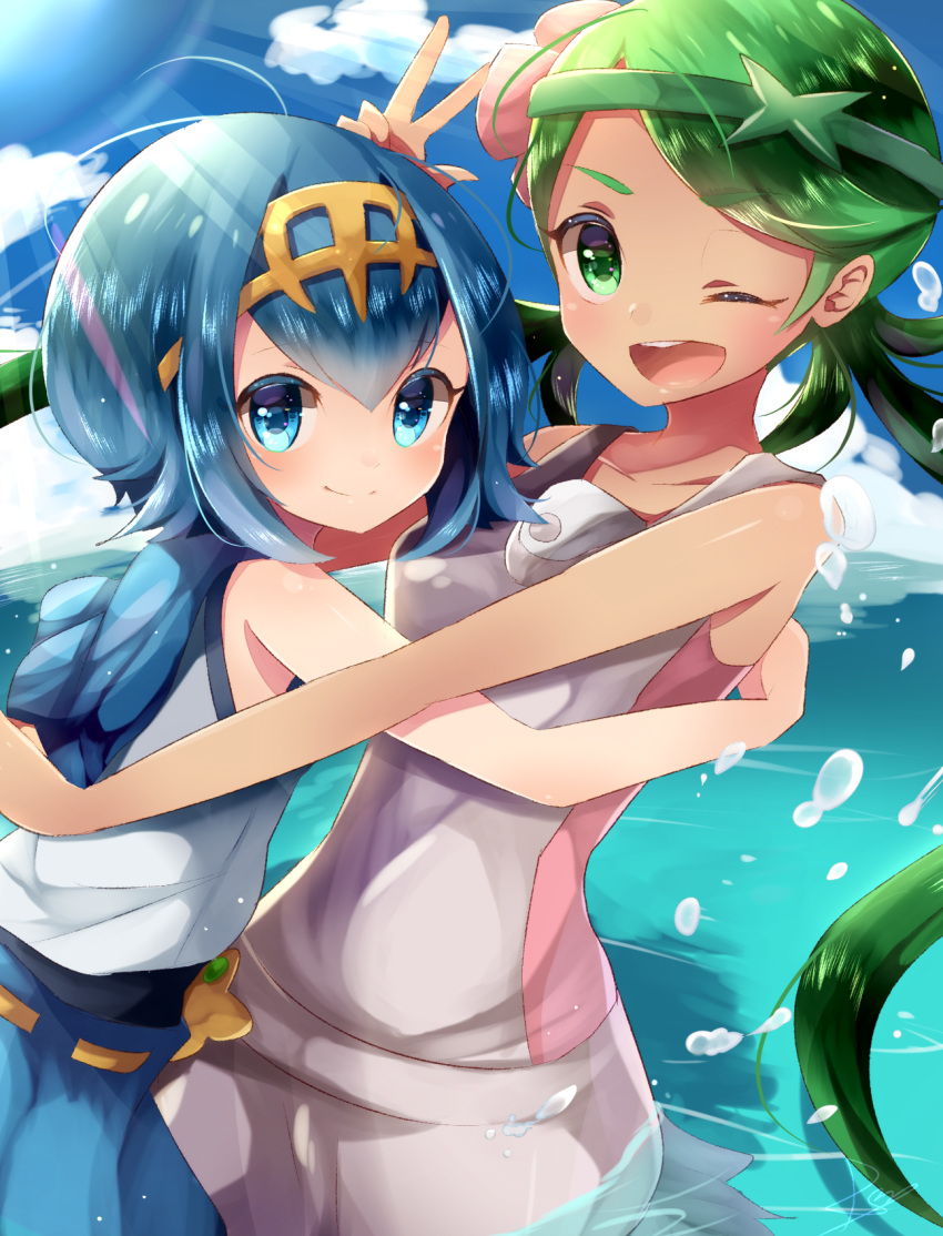 2girls, ;d, blue_eyes, blue_hair, blue_pants, blue_sky, dark_skin, day, flower, green_eyes, green_hair, hair_flower, hair_ornament, hairband, height_difference, highres, hug, light_rays, long_hair, looking_at_viewer, mallow_(pokemon), multiple_girls, ocean, one_eye_closed, open_mouth, outdoors, overalls, pants, partially_submerged, pokemon, pokemon_(game), pokemon_sm, rushin, sailor_collar, short_hair, sky, sleeveless, smile, splashing, suiren_(pokemon), sunbeam, sunlight, swimsuit, swimsuit_under_clothes, trial_captain, twintails, v, wading, water