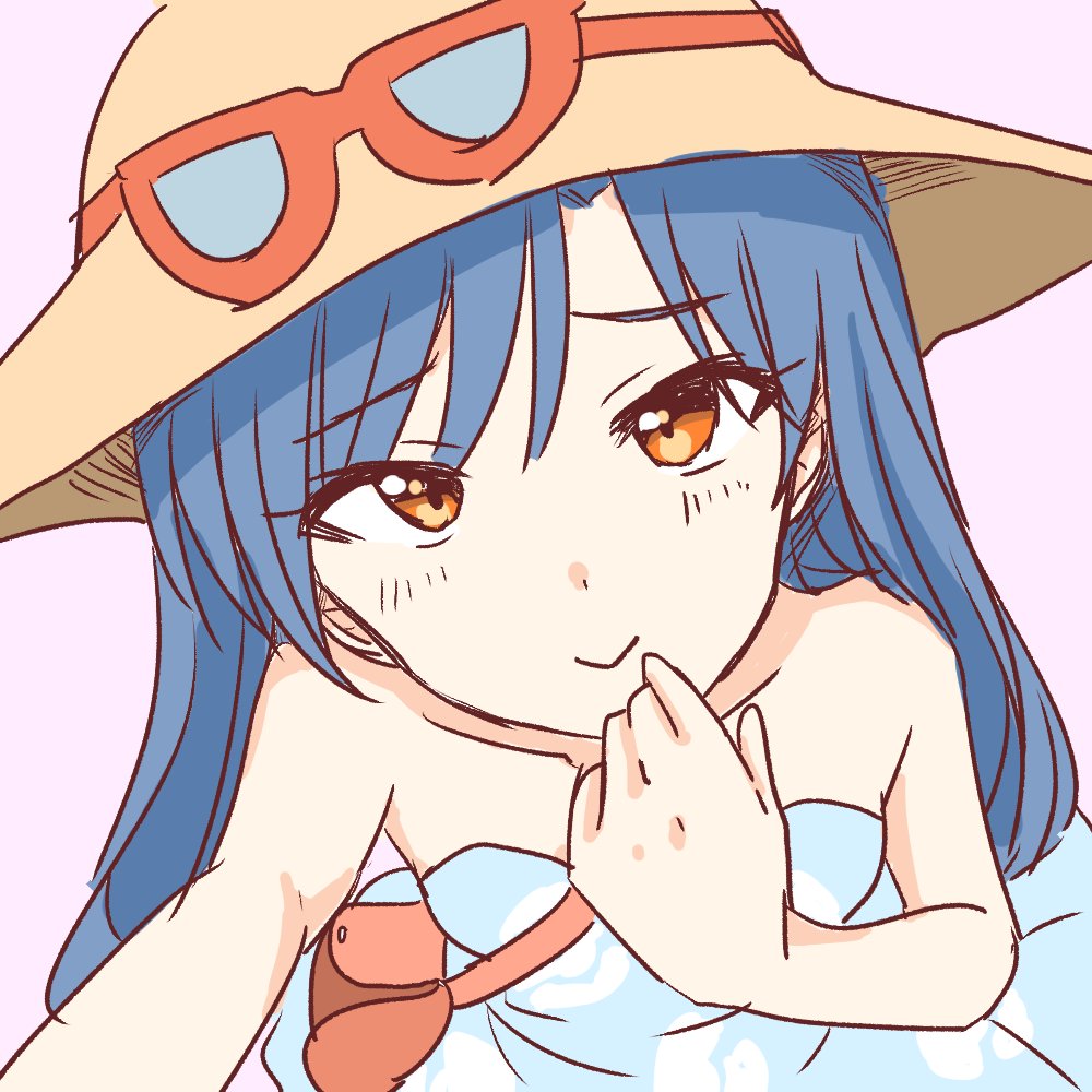 1girl, bag, bangs, bare_arms, bare_shoulders, blue_dress, blue_hair, brown_hat