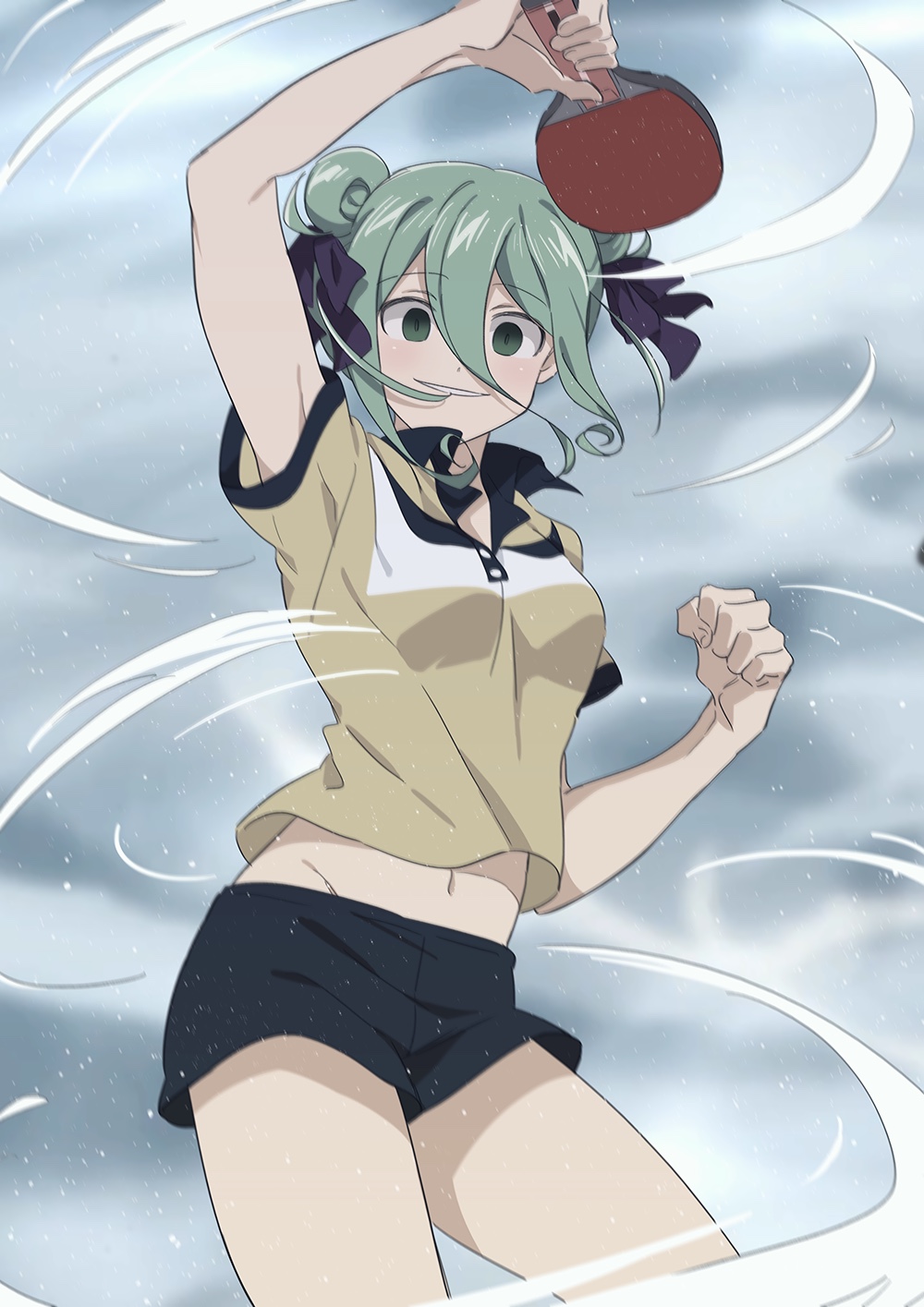 1girl, bow, crazy_eyes, dojiru, dot_nose, empty_eyes, eyebrows, eyebrows_visible_through_hair, futamaru_kururi, green_eyes, green_hair, hair_between_eyes, highres, matching_hair/eyes, paddle, polo_shirt, shakunetsu_no_takkyuu_musume, short_twintails, solo, table_tennis_paddle, tied_hair, twintails