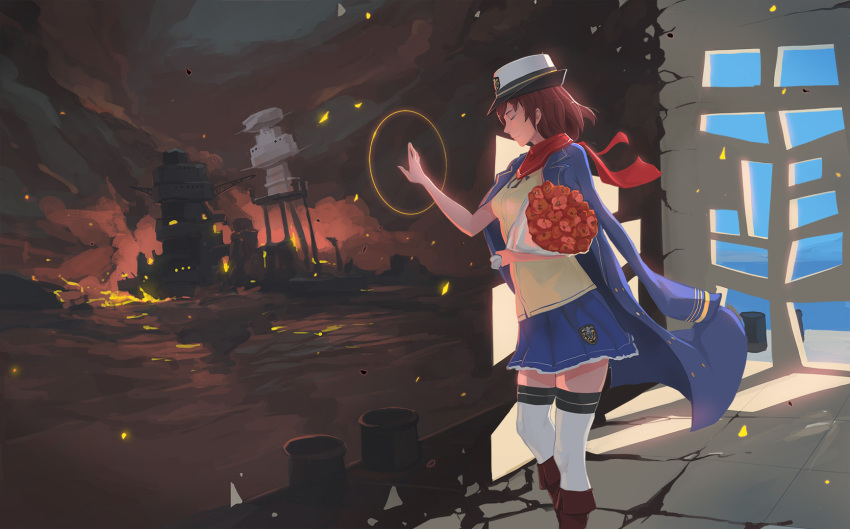 1girl, blouse, blue_skirt, boots, bouquet, closed_eyes, fire, flower