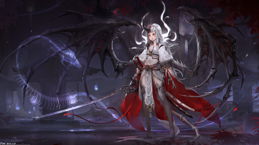 1girl, 2016, black_sclera, breasts, cleavage, demon, demon_wings, fantasy