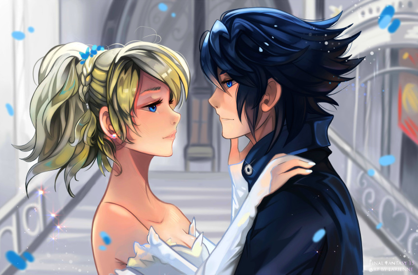 1boy, 1girl, black_hair, blonde_hair, blue_eyes, breasts, dress, eye_contact