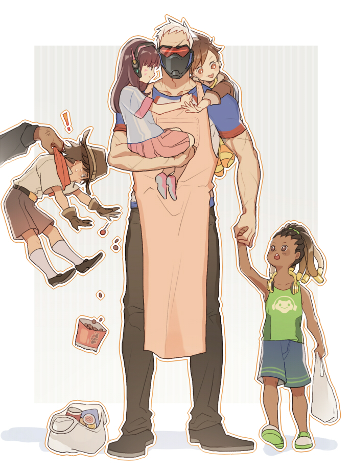 2girls, 4boys, :p, a821, adapted_costume, apron, bag, bangs